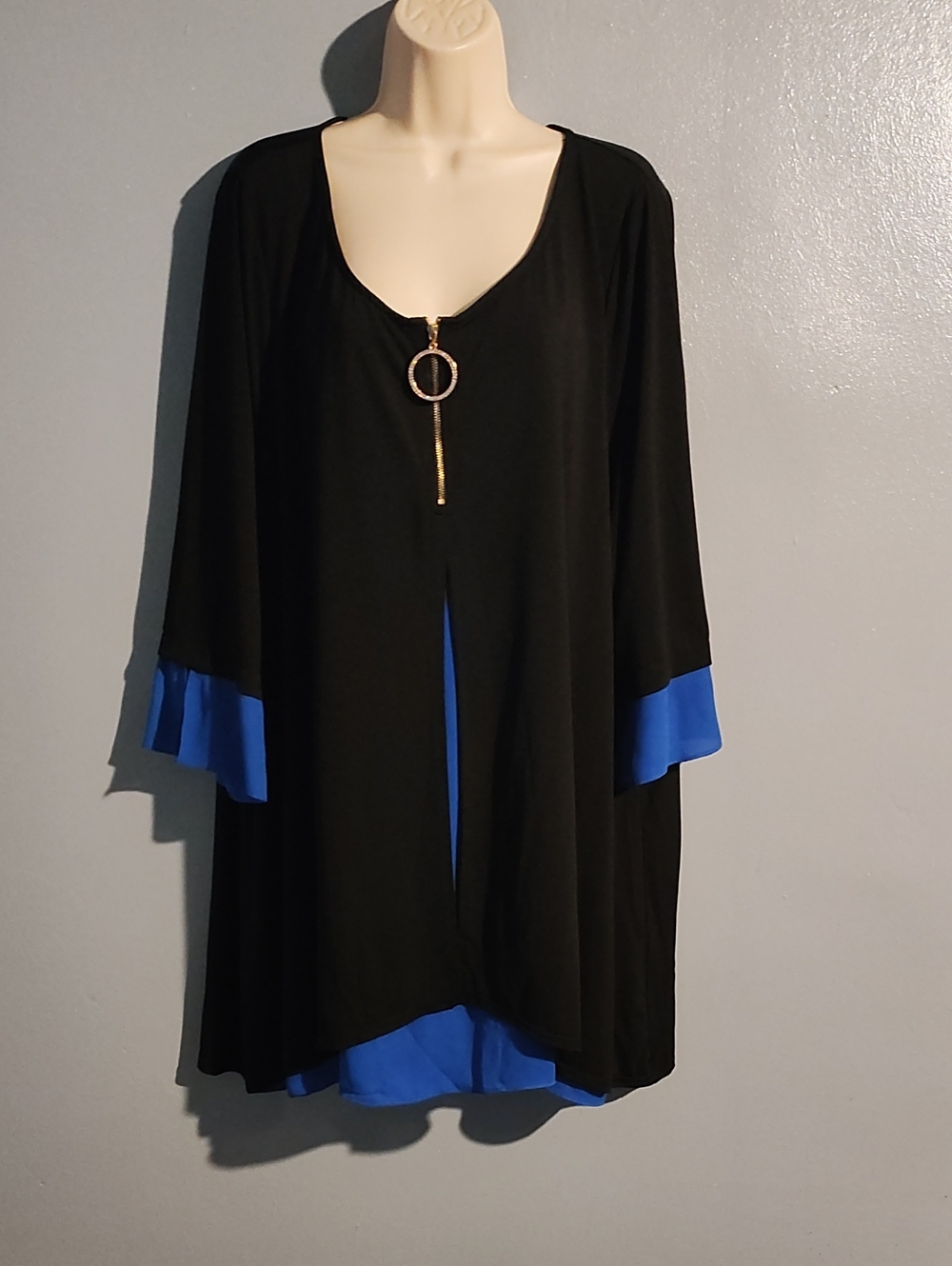 Avenue Women's Black Tunic with Royal Blue Accent and Gold Ring Detail